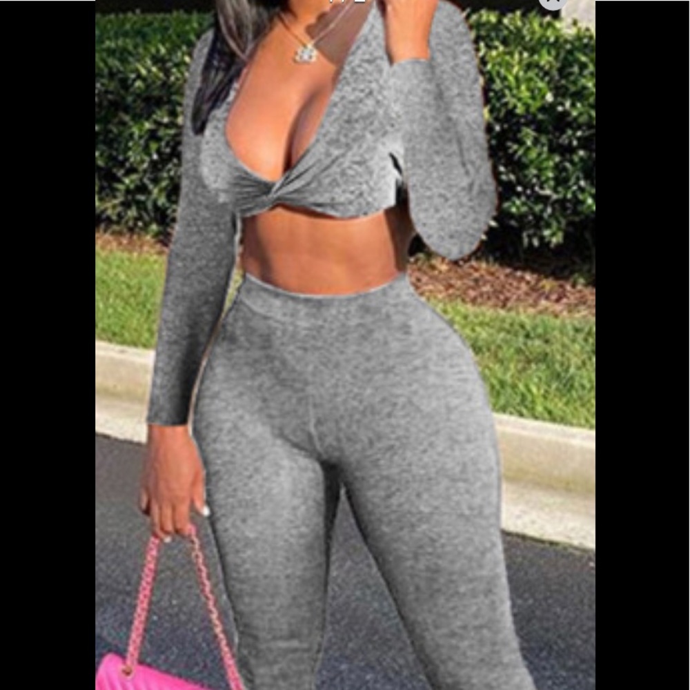 Twist Crop Silver Deep V Long Sleeve Top & Stretchy High Waist Skinny Pants
